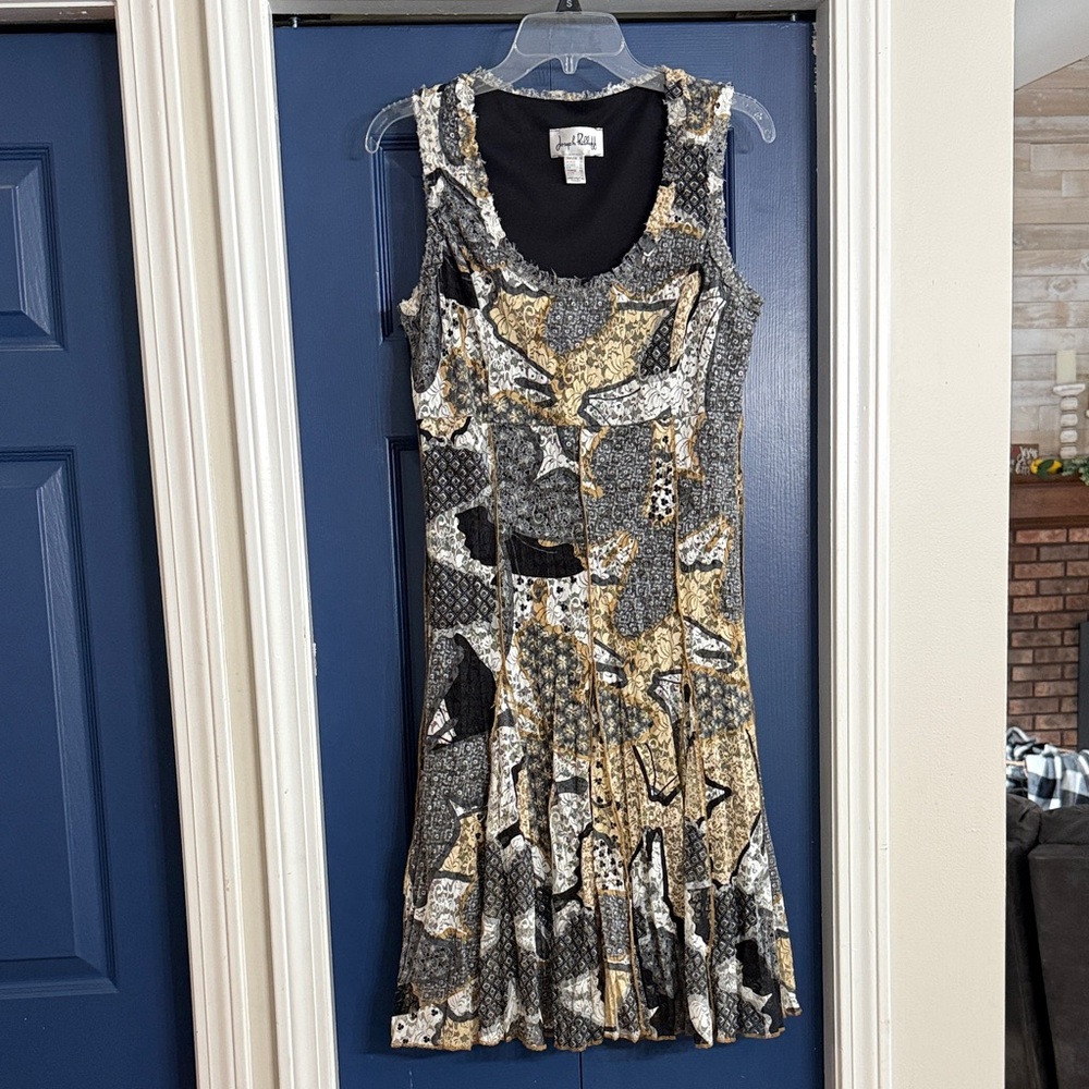 Joseph Ribkoff Black, Gold and Gray Patterned Midi Dress